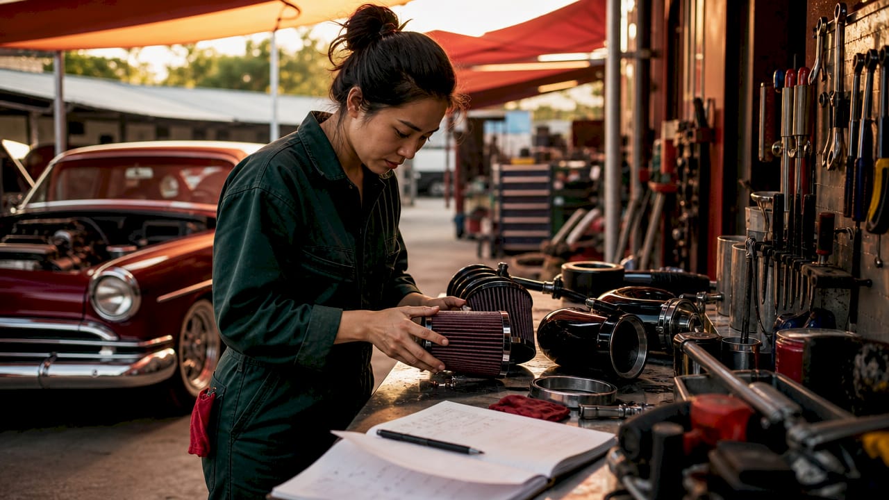 Hands inspecting aftermarket exhaust parts