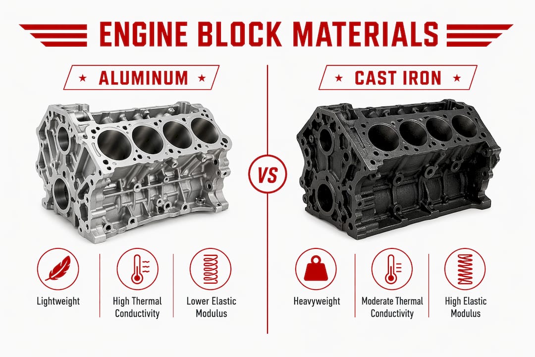 Infographic comparing aluminum and cast iron engine blocks