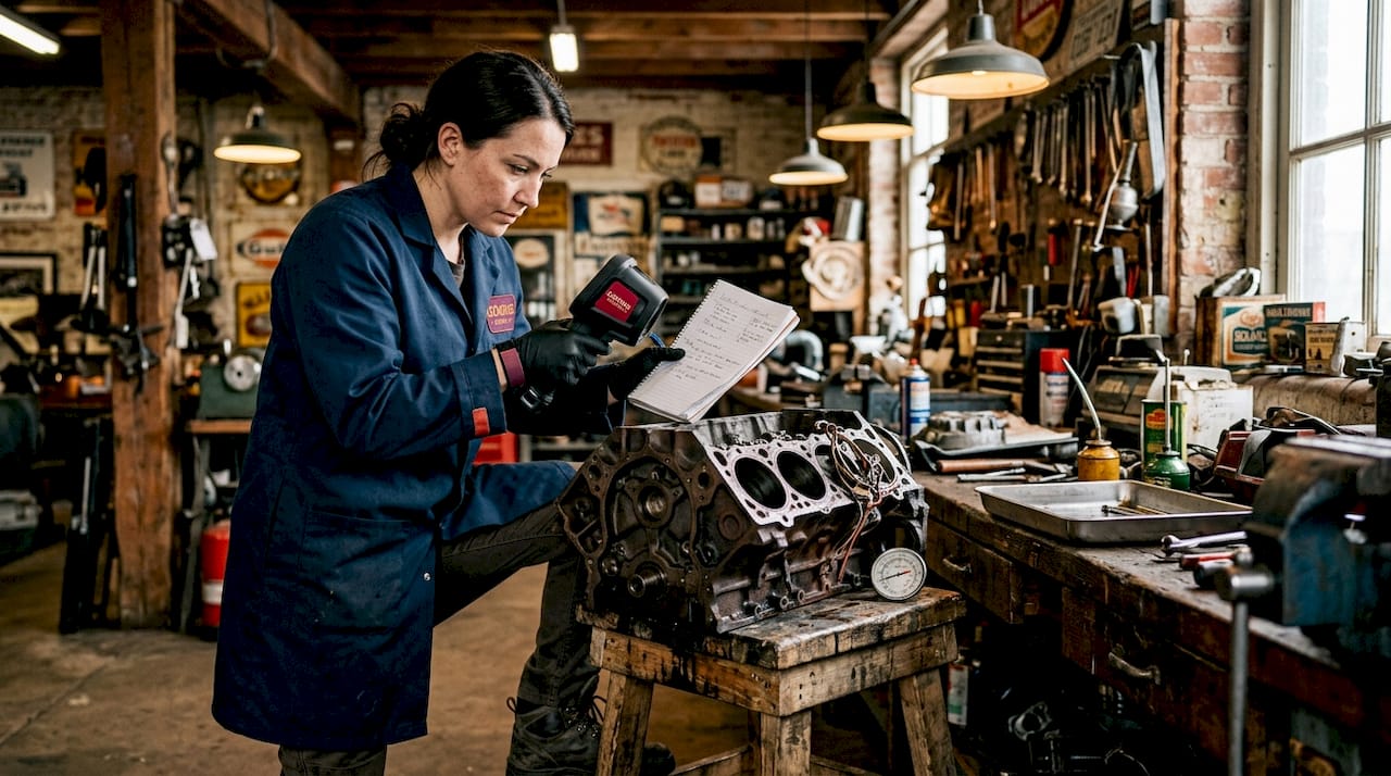 Technician performing thermal test on engine block