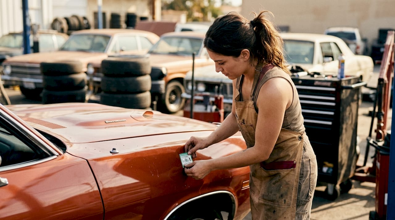 Mechanic verifying CARB certification sticker on car