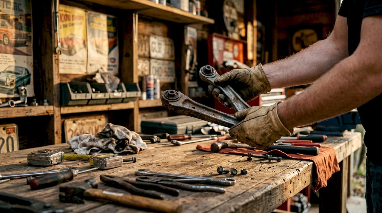 Close-up of hands comparing car parts in garage
