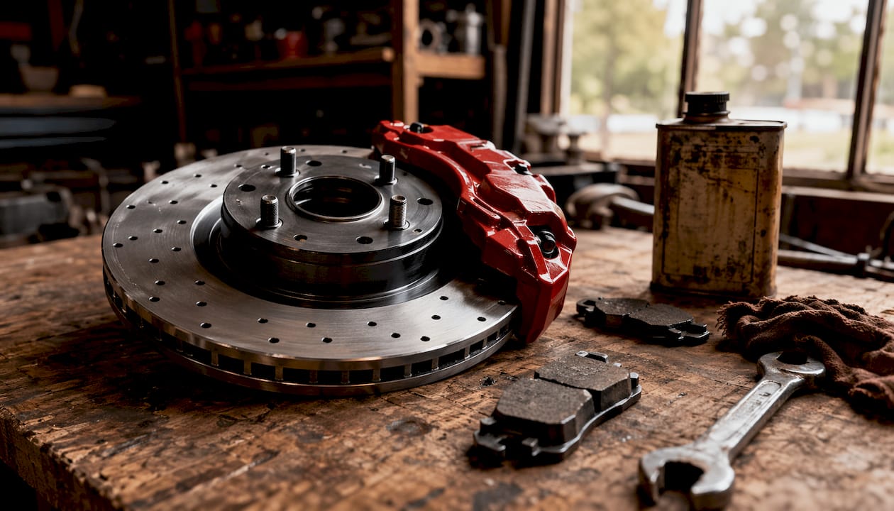 Close-up of car brake rotor and caliper on workbench