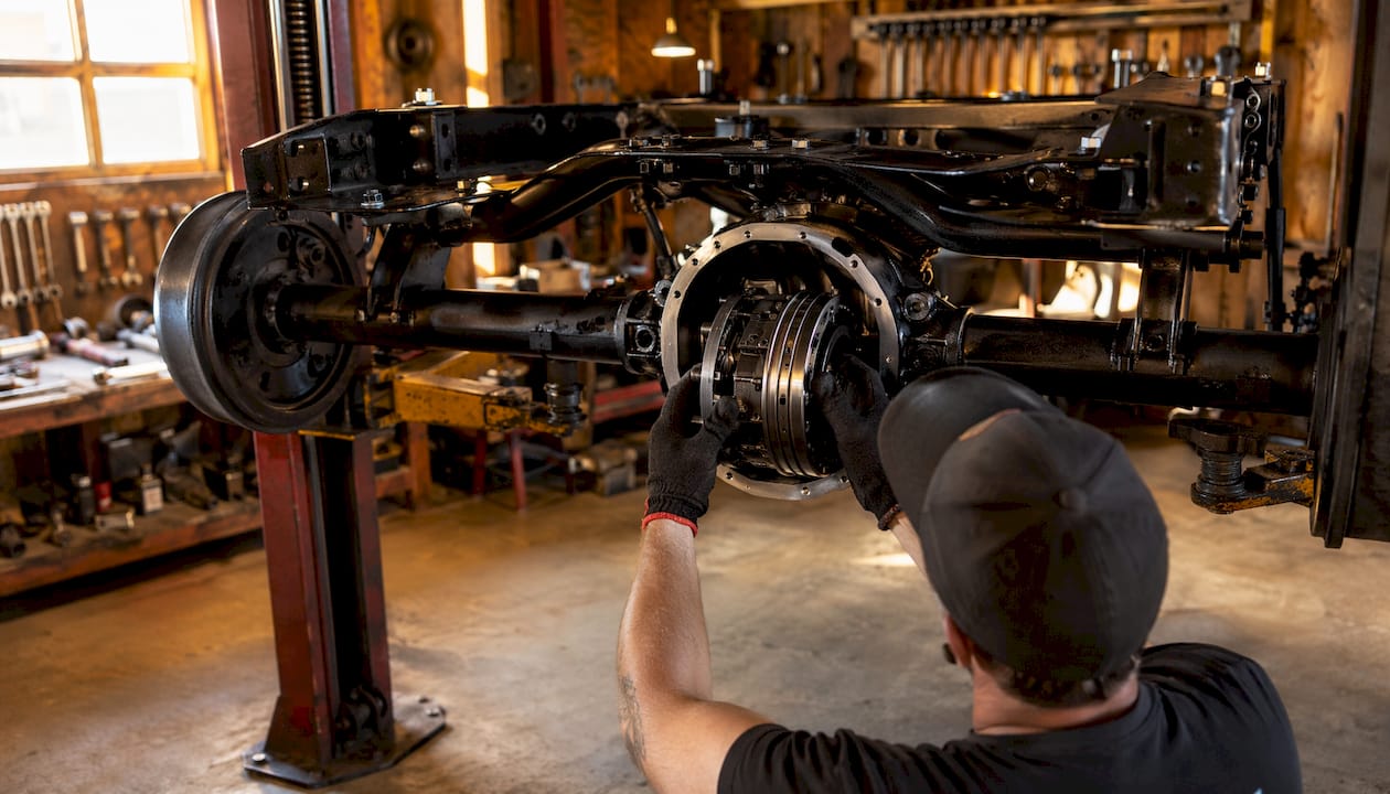 Hands installing limited-slip differential in car