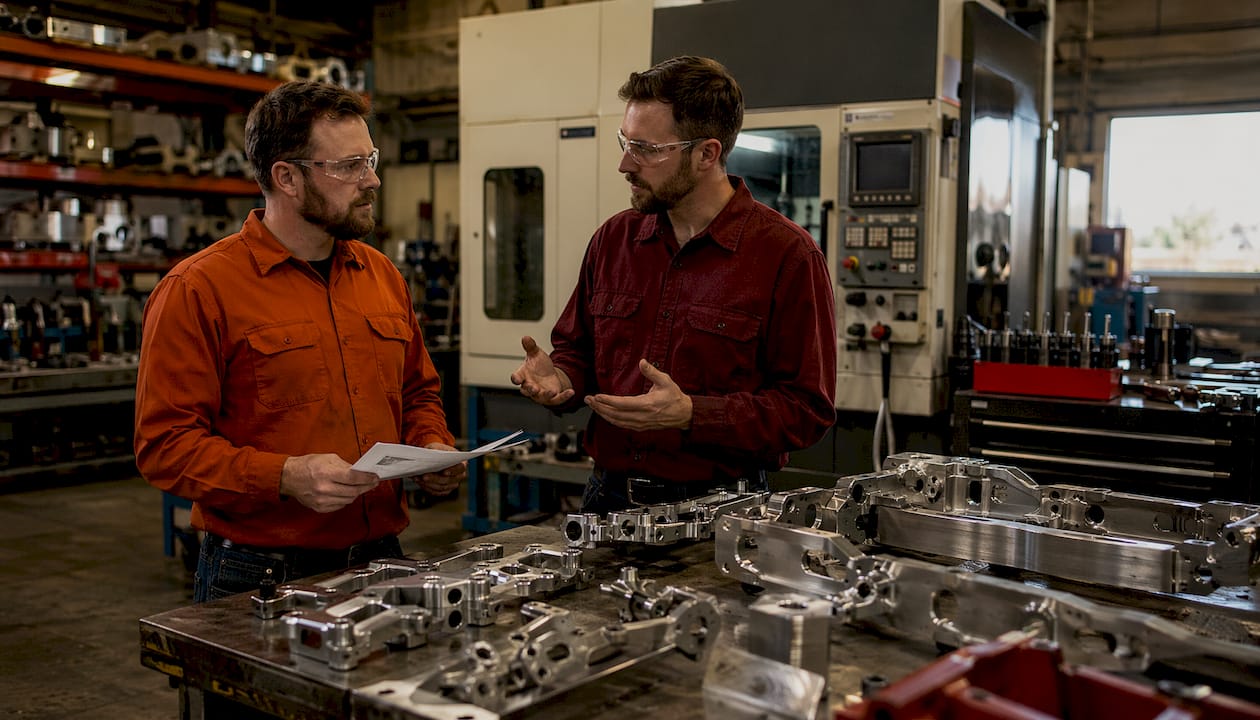 Automotive prototyping facility with technicians and chassis parts