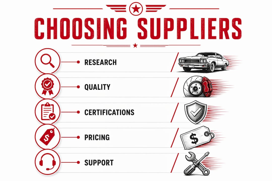 Infographic showing steps to choose aftermarket performance parts suppliers