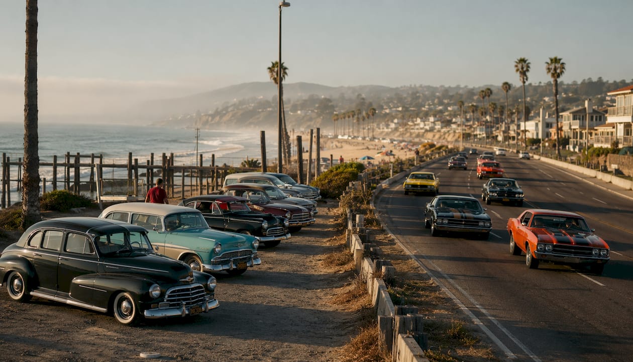 Overhead view contrasting NorCal lowriders and SoCal import cars