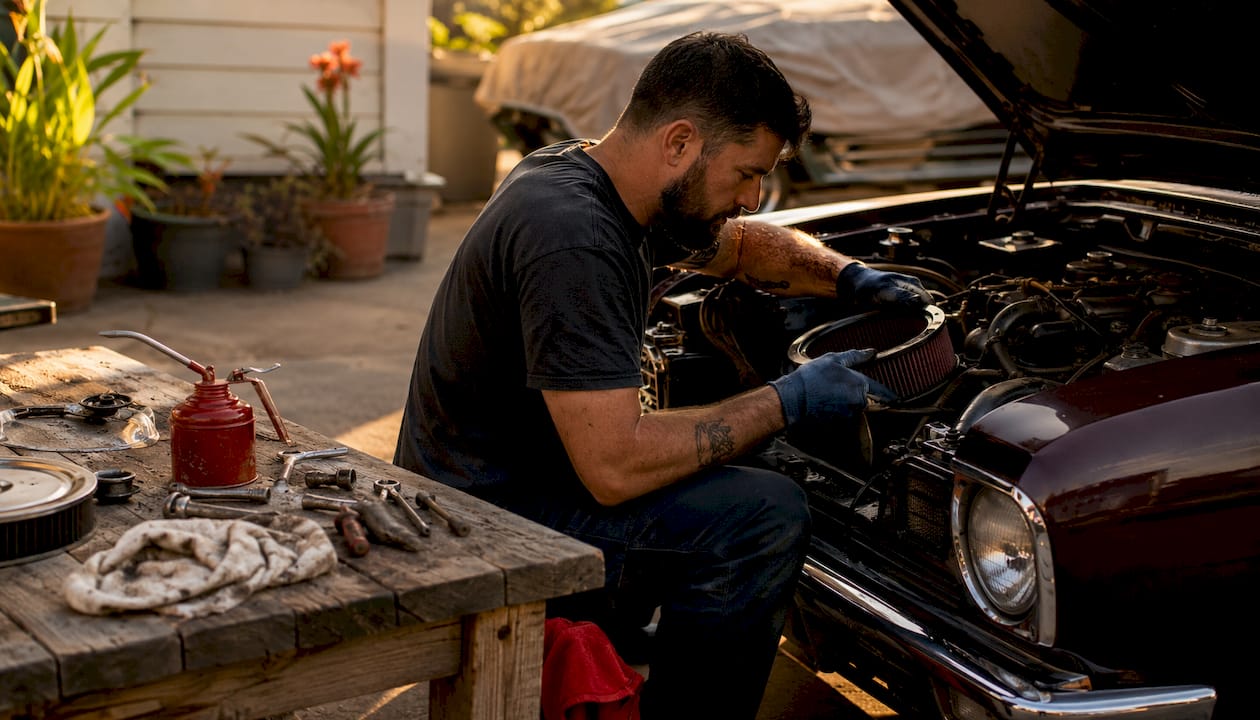 Hands installing car air filter in garage