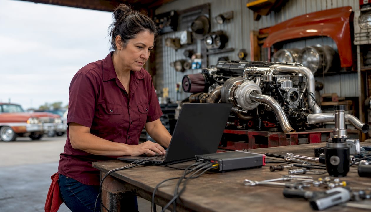 Technician tuning car ECU with laptop