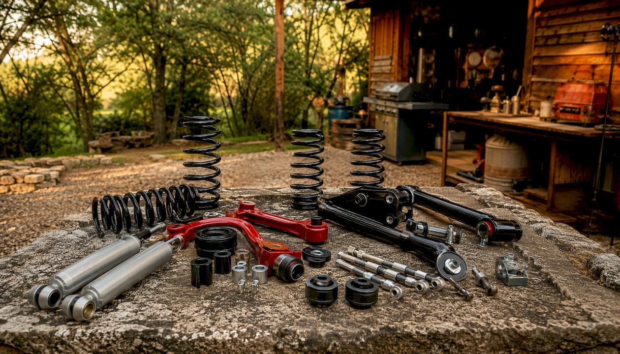 Close-up of suspension lift kit parts on workbench