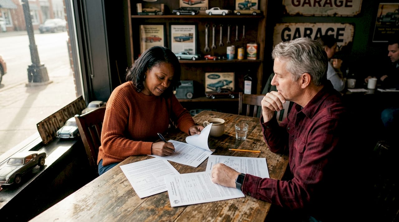 Couple consulting insurance agent for classic car
