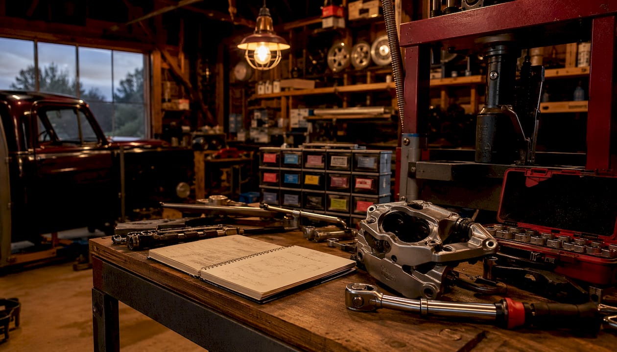 Organized garage workbench with truck build tools