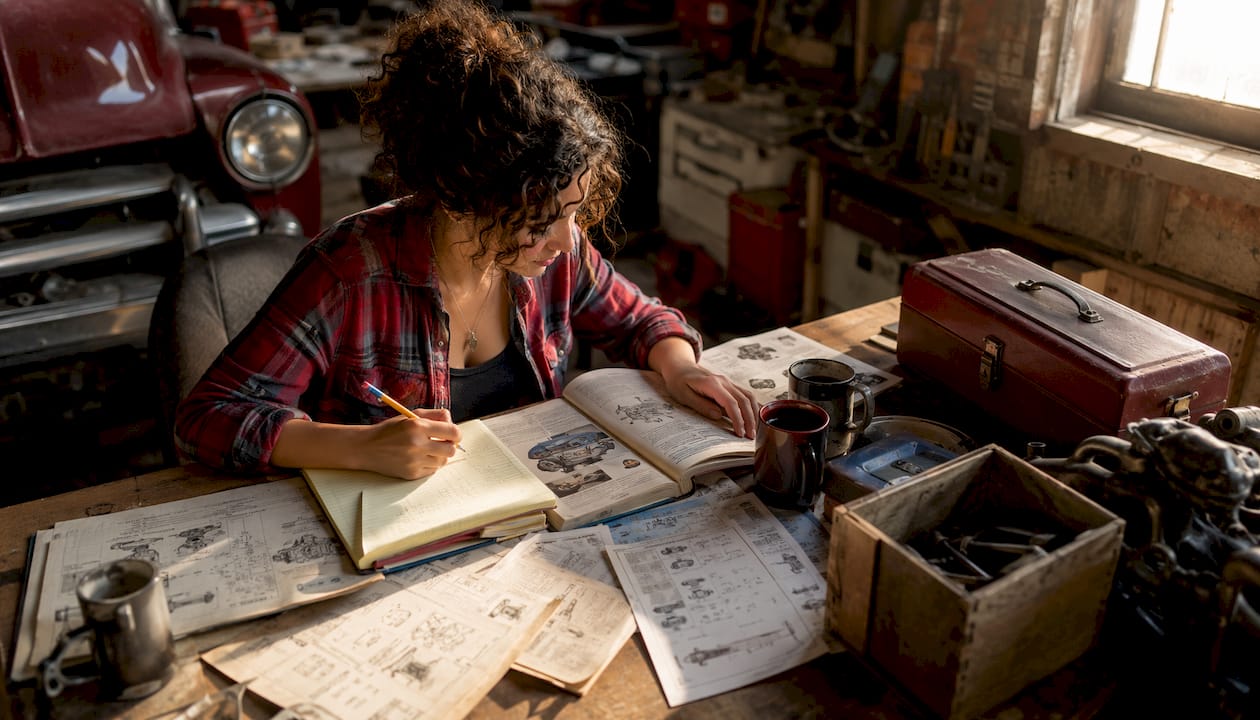 Woman comparing classic truck parts catalogs