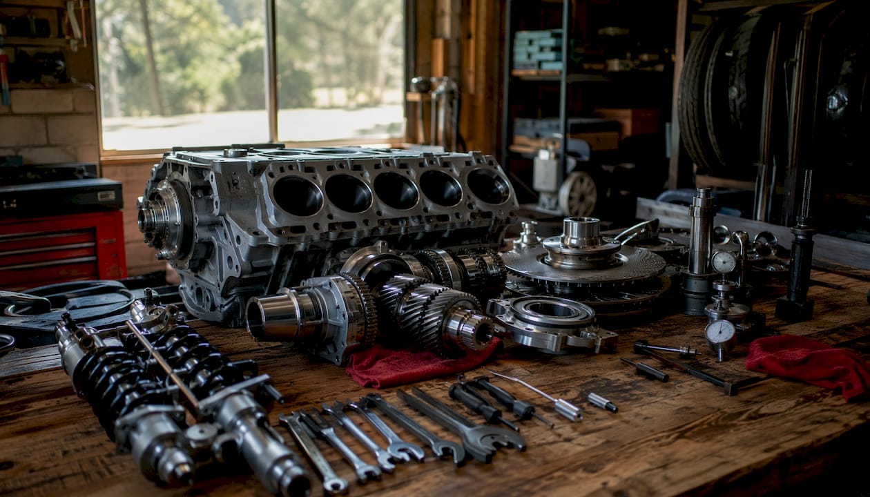 Vintage truck mechanical parts on worktable