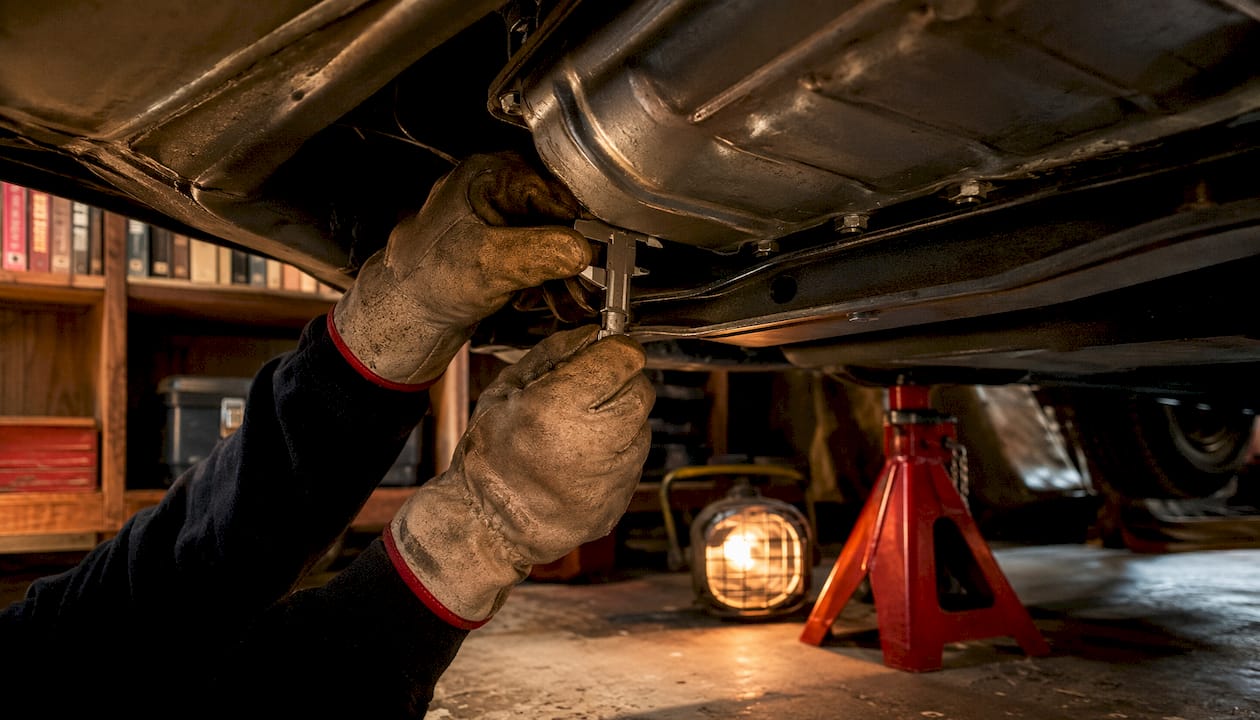 Hands measuring oil pan clearance with caliper