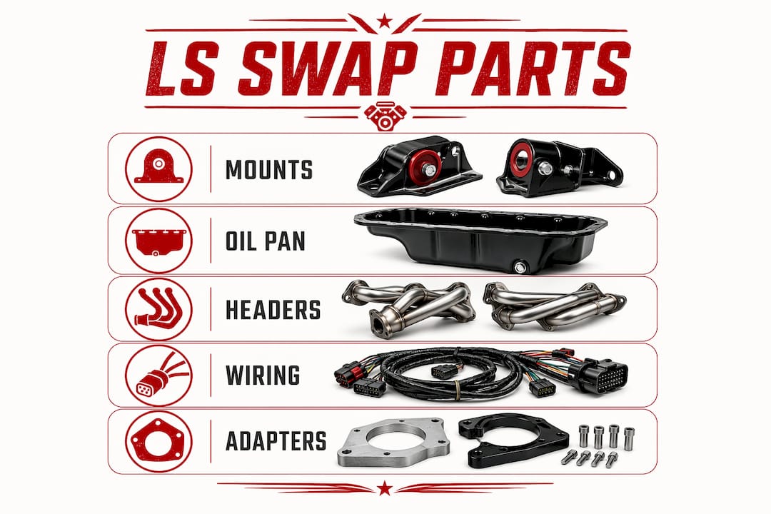 Infographic showing key LS swap parts in a vertical flow