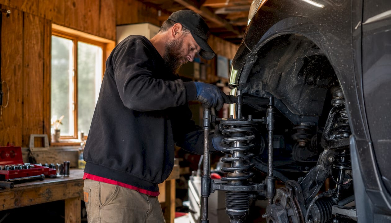 Hands using spring compressor on coil spring