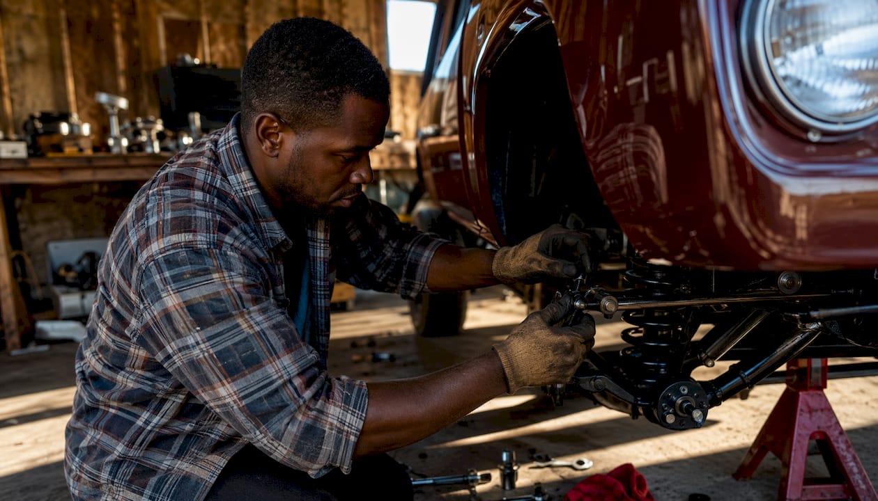 Hands adjusting vintage truck brake and driveshaft components