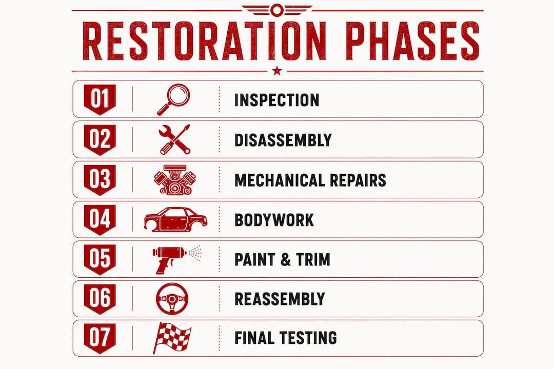 Infographic illustrating truck restoration phases in vertical flow