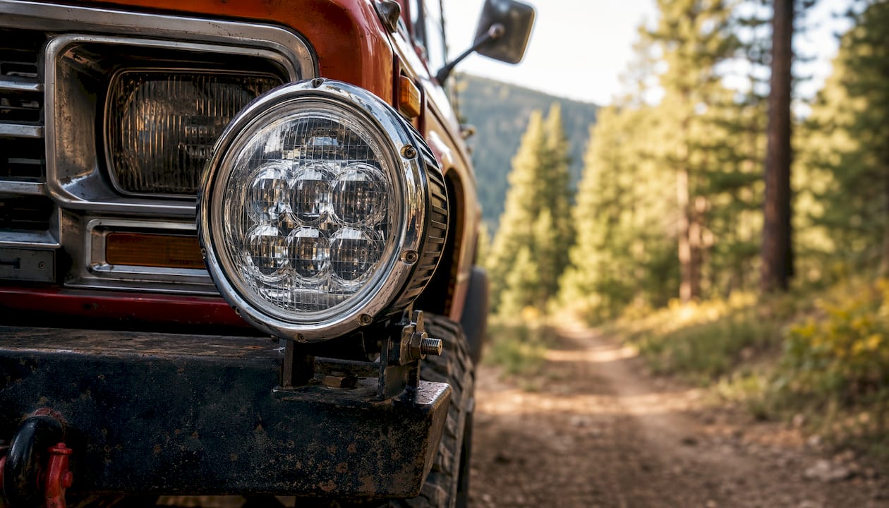 Close-up of round driving light on 4x4 bumper