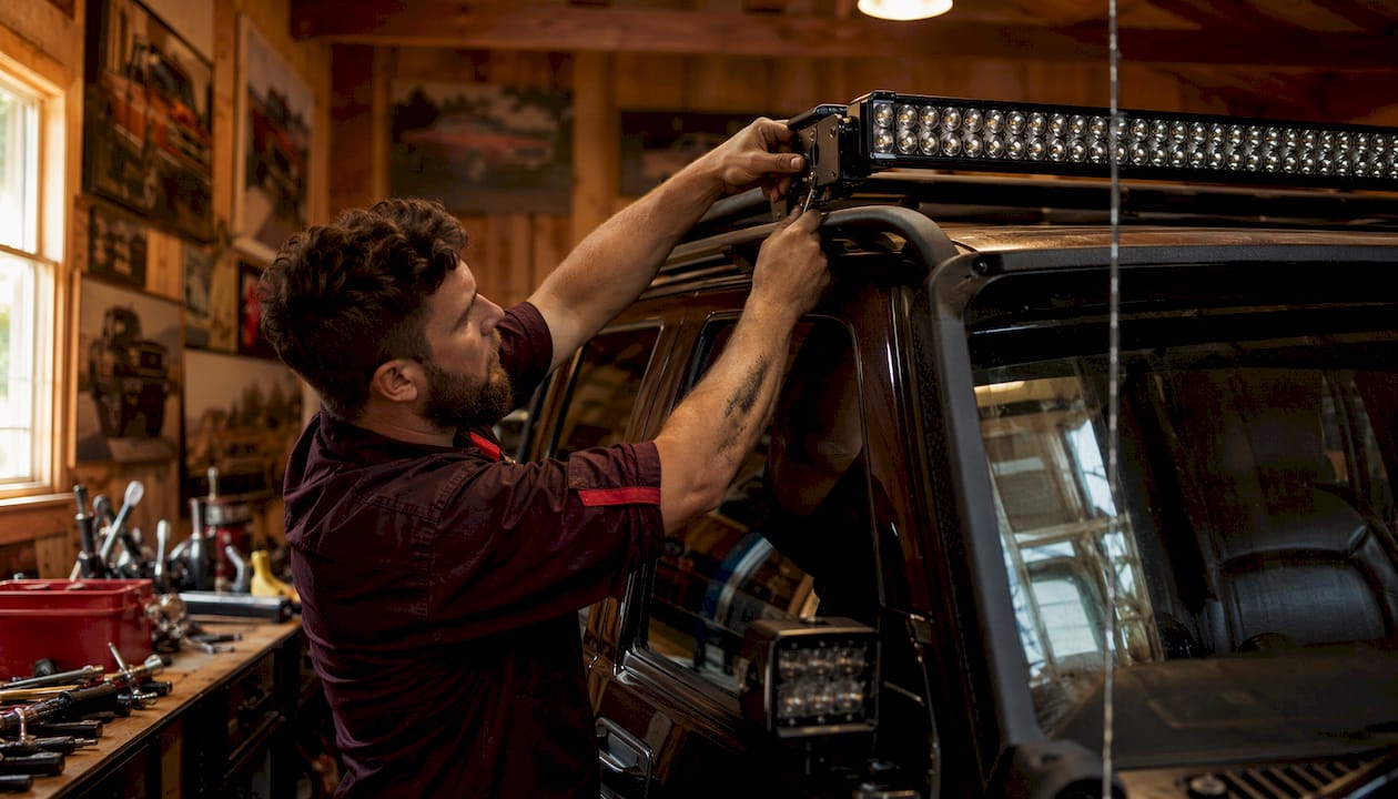 Technician installing LED light bar on truck roof