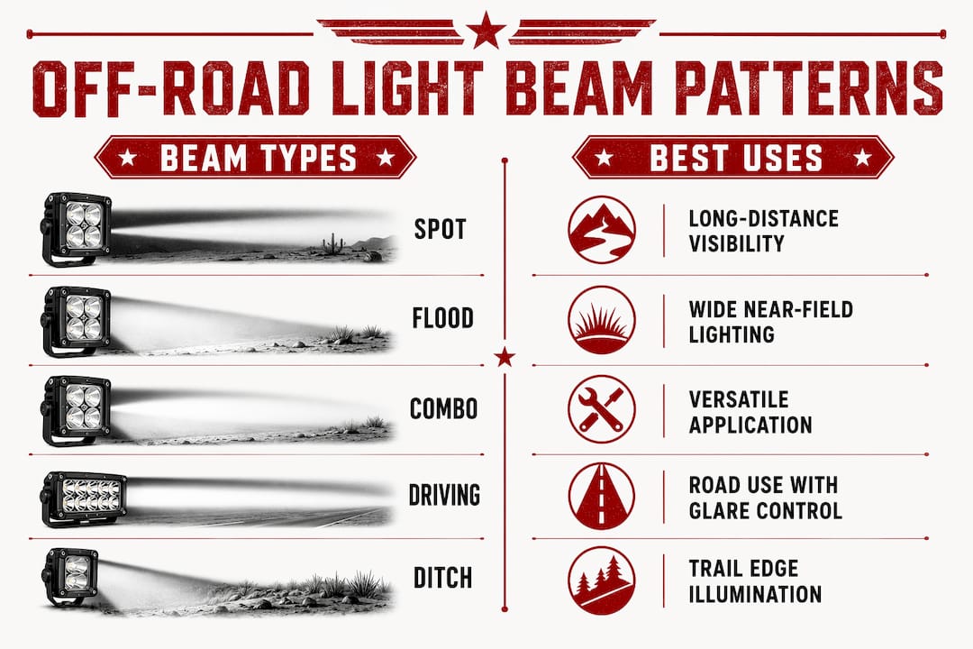 Infographic illustrating off-road light beam types and uses