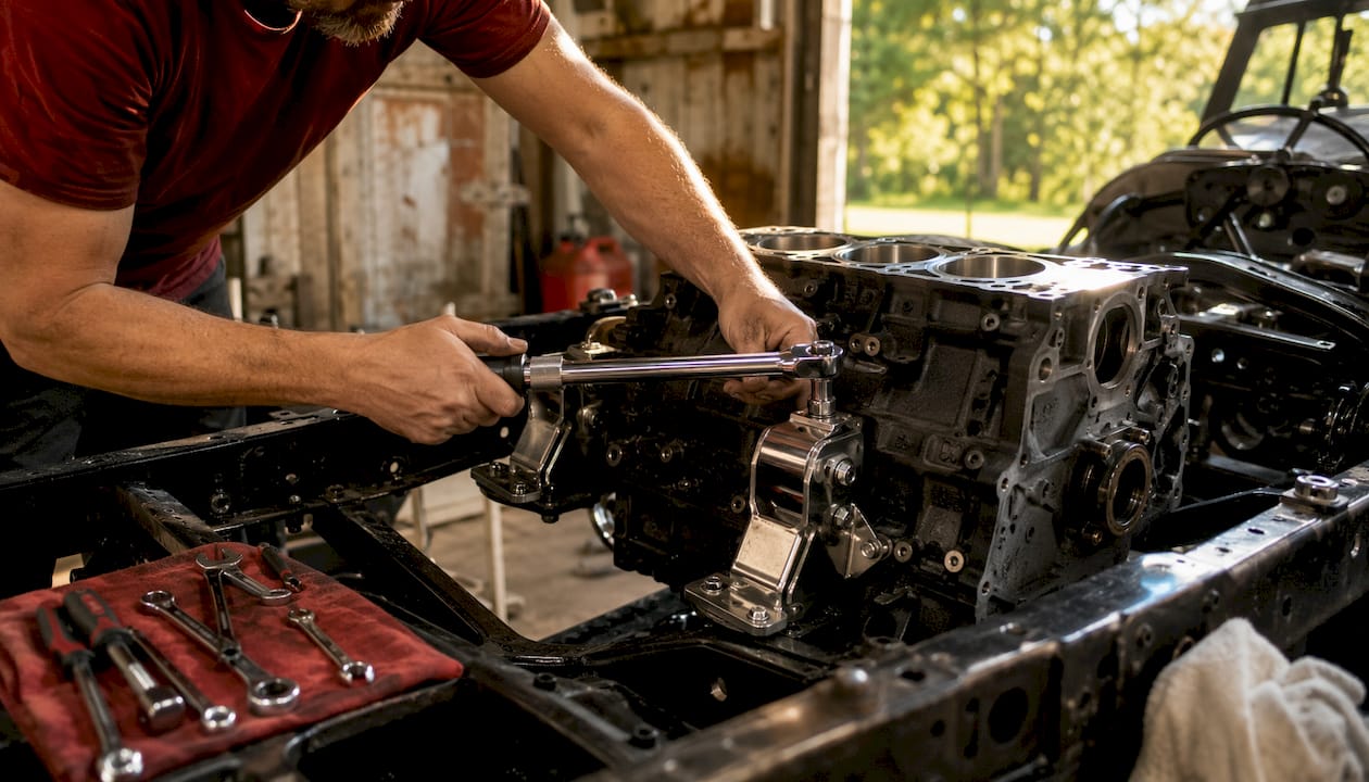 Hands tightening engine mounts on LS engine