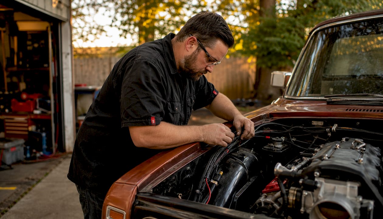 Technician routing wiring harness in engine bay