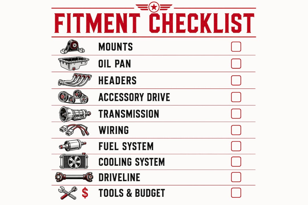 Vertical flow infographic listing LS engine swap fitment steps