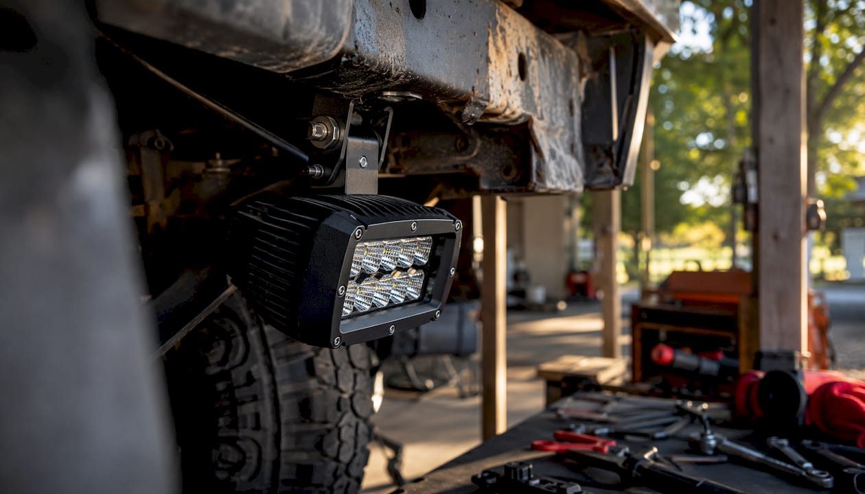 Close-up of durable LED truck light on suspension