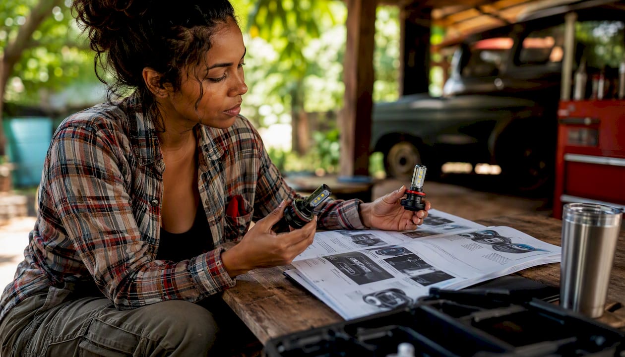 Woman comparing LED truck bulbs at workshop table