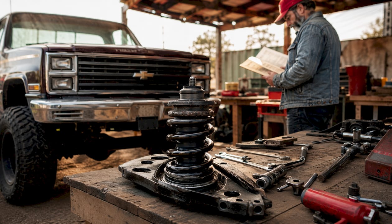 Close-up of lowering spring on truck suspension