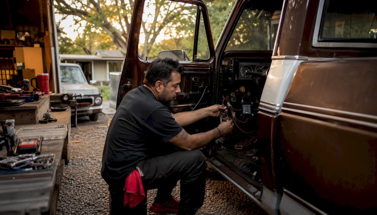 Electrician installing LS wiring harness and ECM