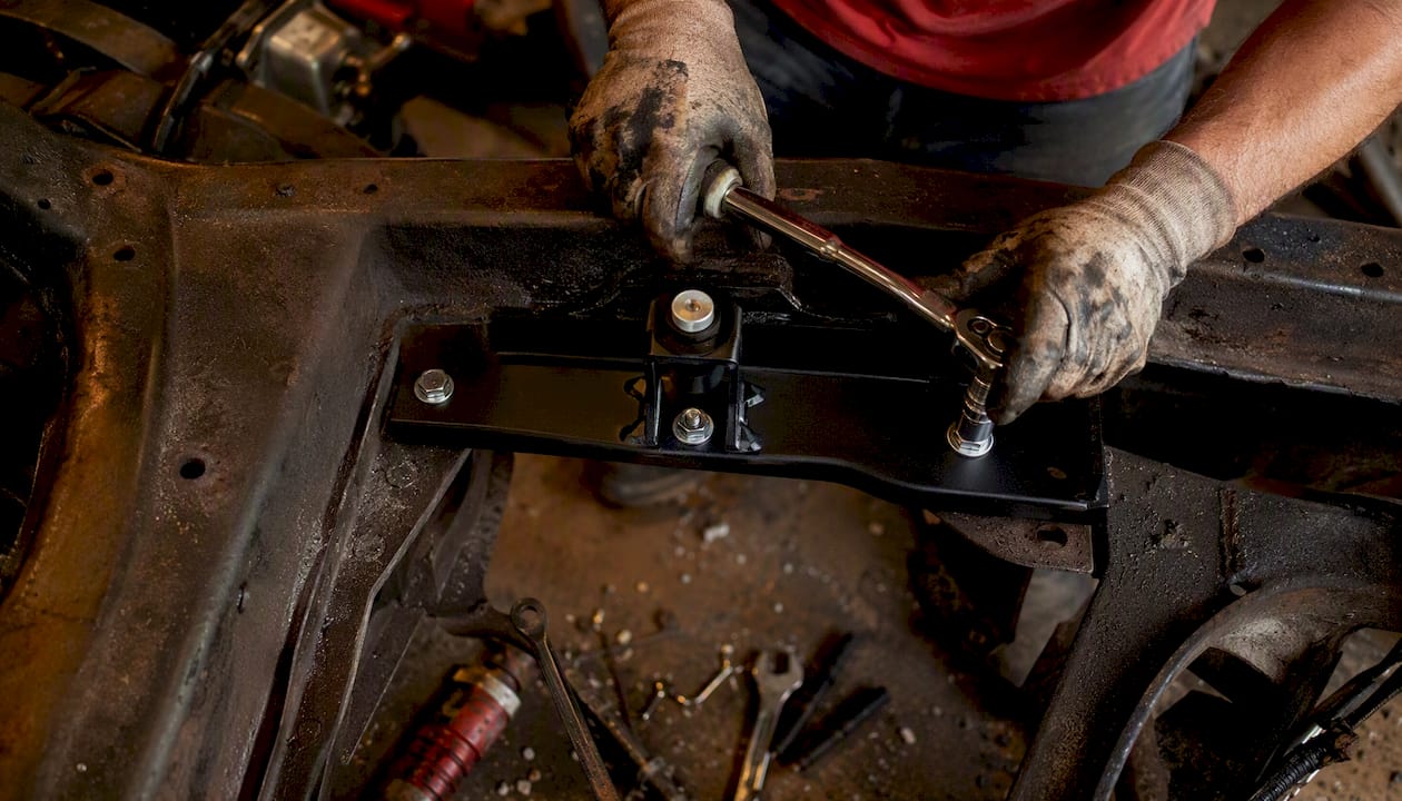 Hands tightening motor mounts on crossmember