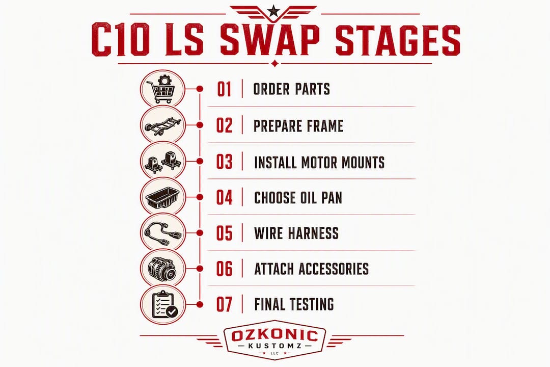 Infographic illustrating stages of C10 LS swap build process