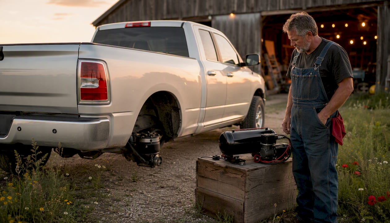 Pickup truck with load leveling suspension kit outdoors