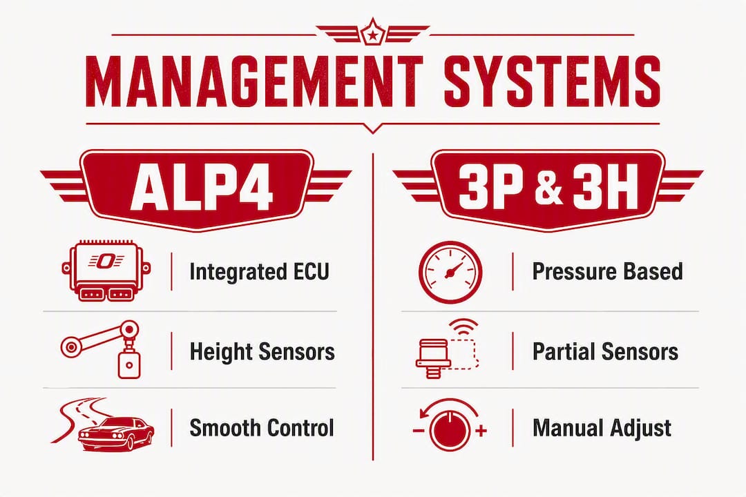 Infographic comparing ALP4 vs 3P and 3H air suspension systems