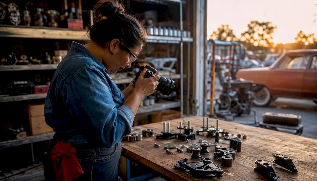 Woman photographing suspension mounting hardware