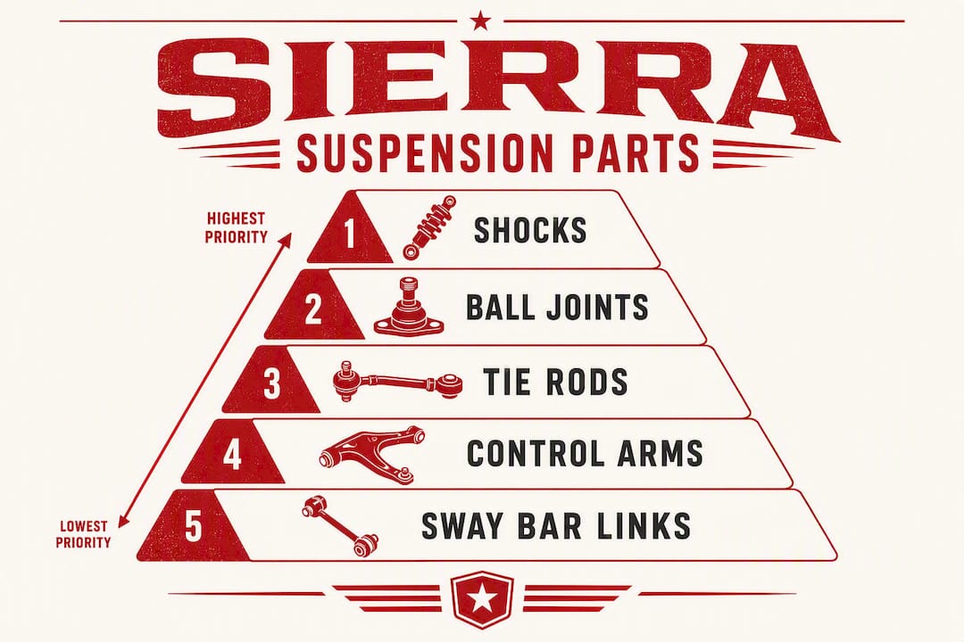 Infographic ranking Sierra suspension parts by failure priority