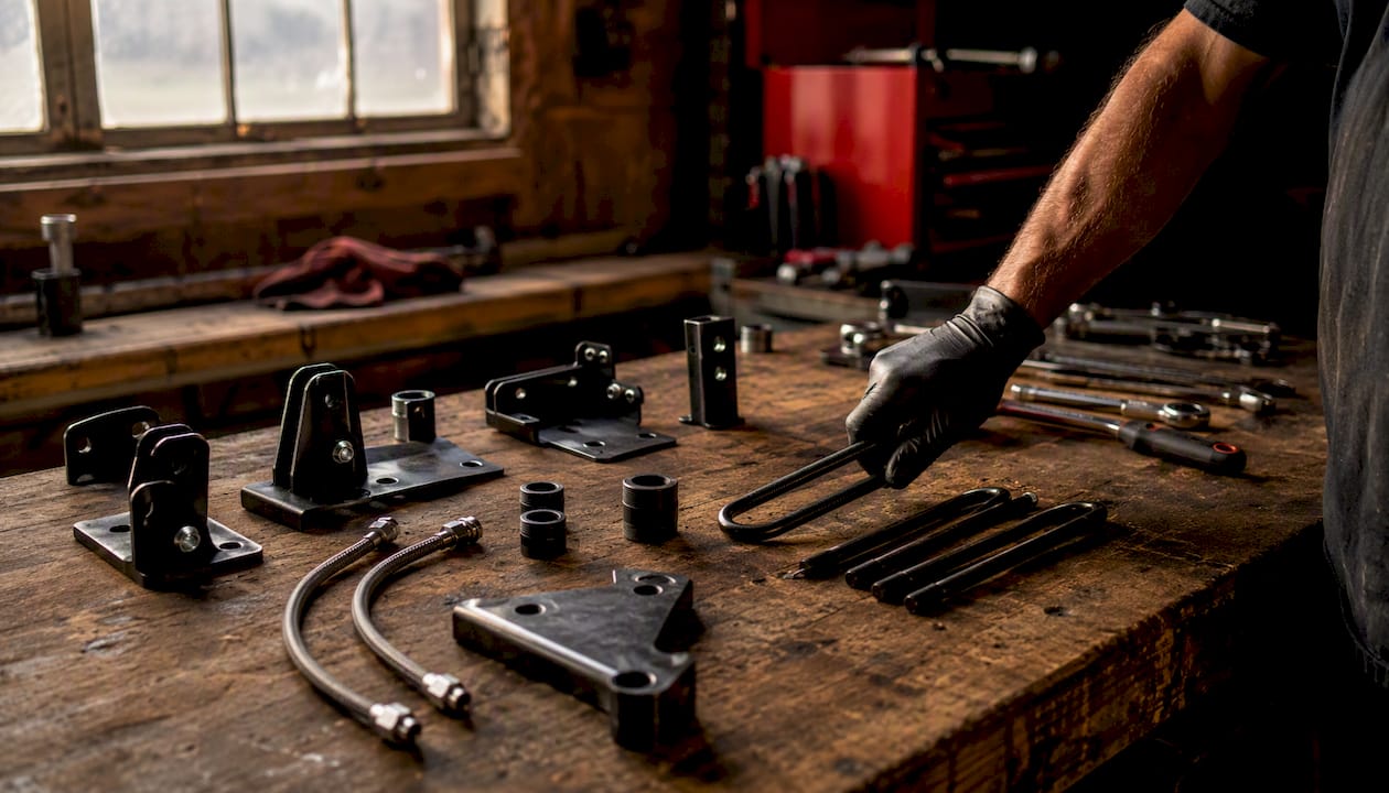Axle flip kit hardware laid out on workbench