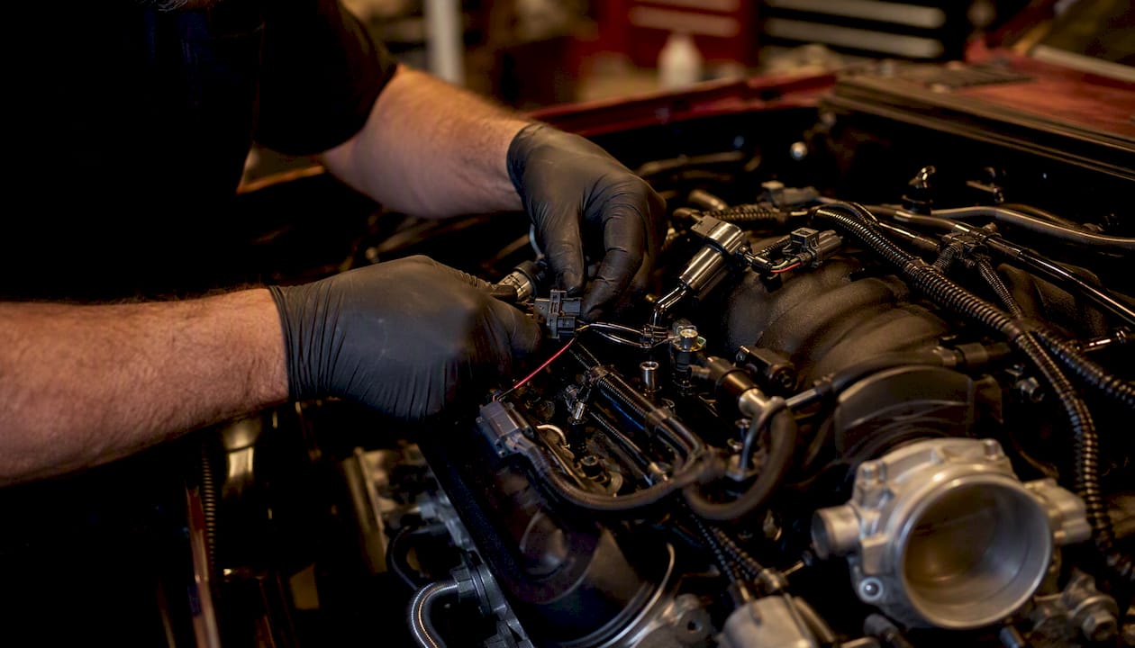 Hands connecting EFI engine harness wires