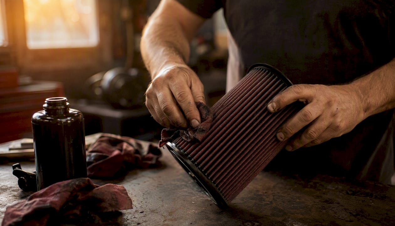 Hands cleaning and oiling air filter pleats