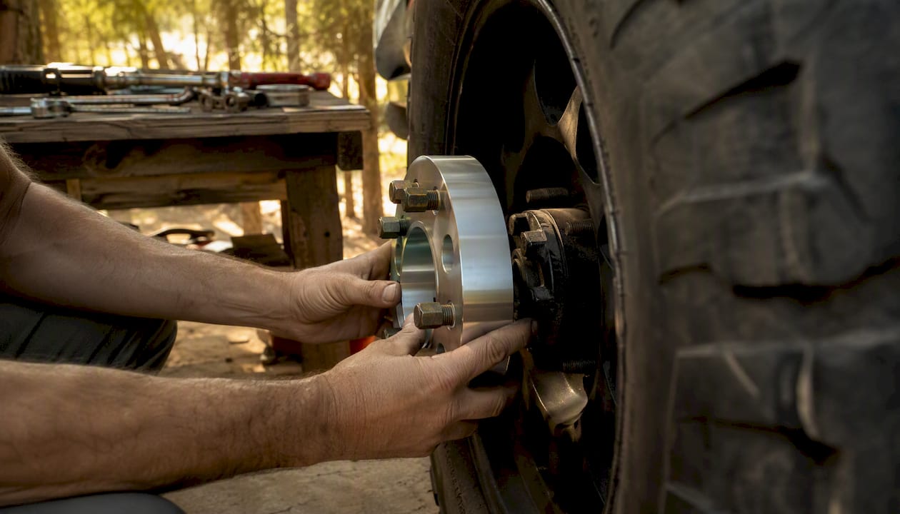 Hands installing wheel spacers on truck hub