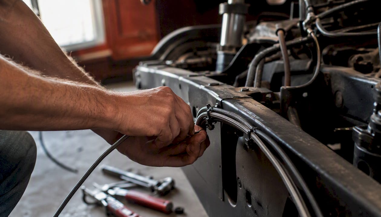 Hands routing air suspension lines on truck frame