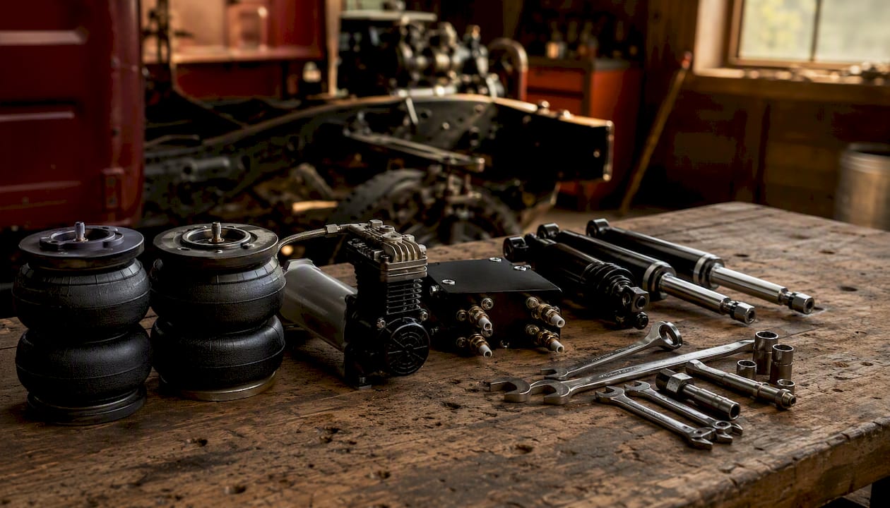 Disassembled air suspension parts on workshop bench