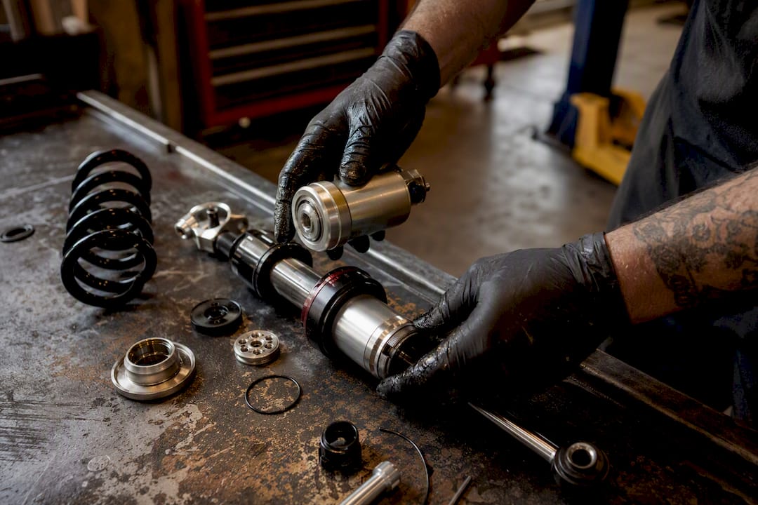 Hands servicing reservoir shock absorber