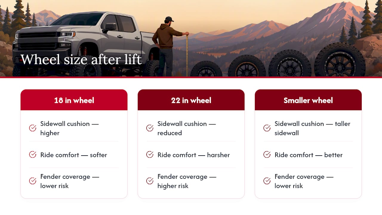 Diagram showing effects of tire and wheel sizes on ride comfort after lift