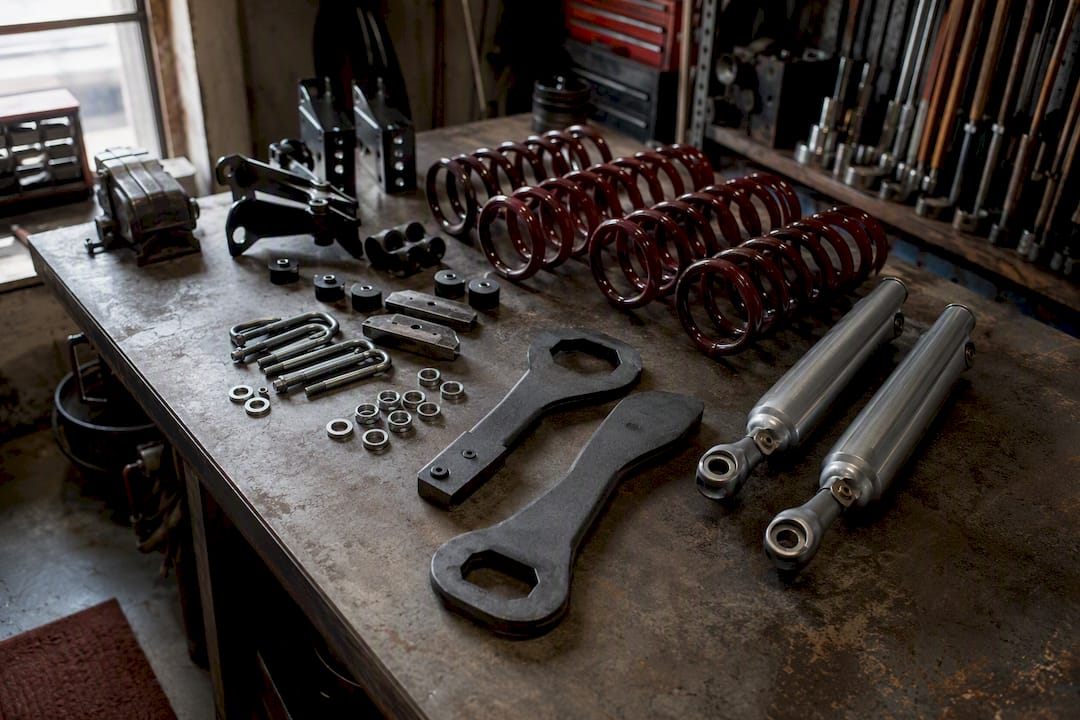 Lowering kit components laid out on rustic workbench