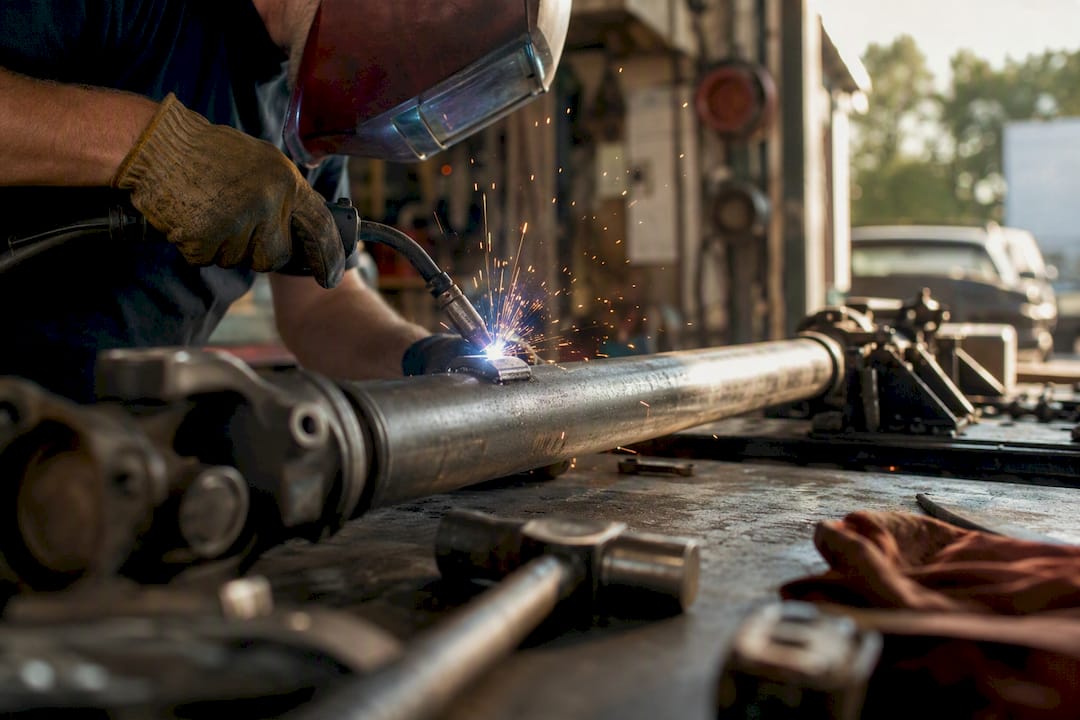 Technician welding balancing weight on driveshaft