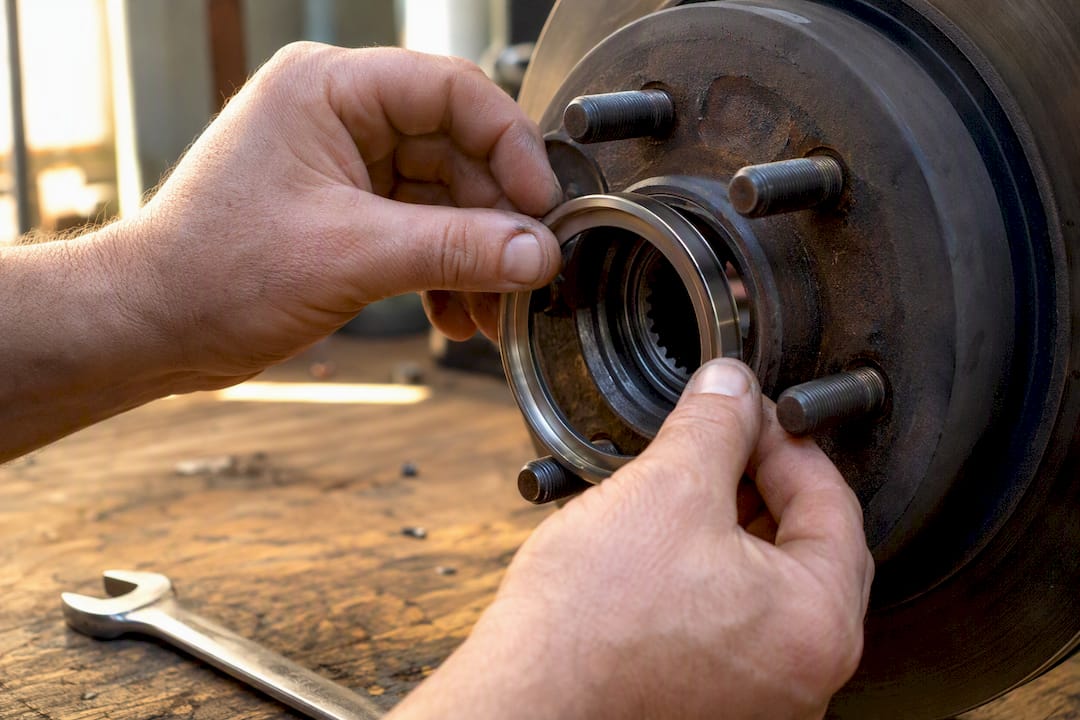 Hands installing hub-centric ring on wheel studs