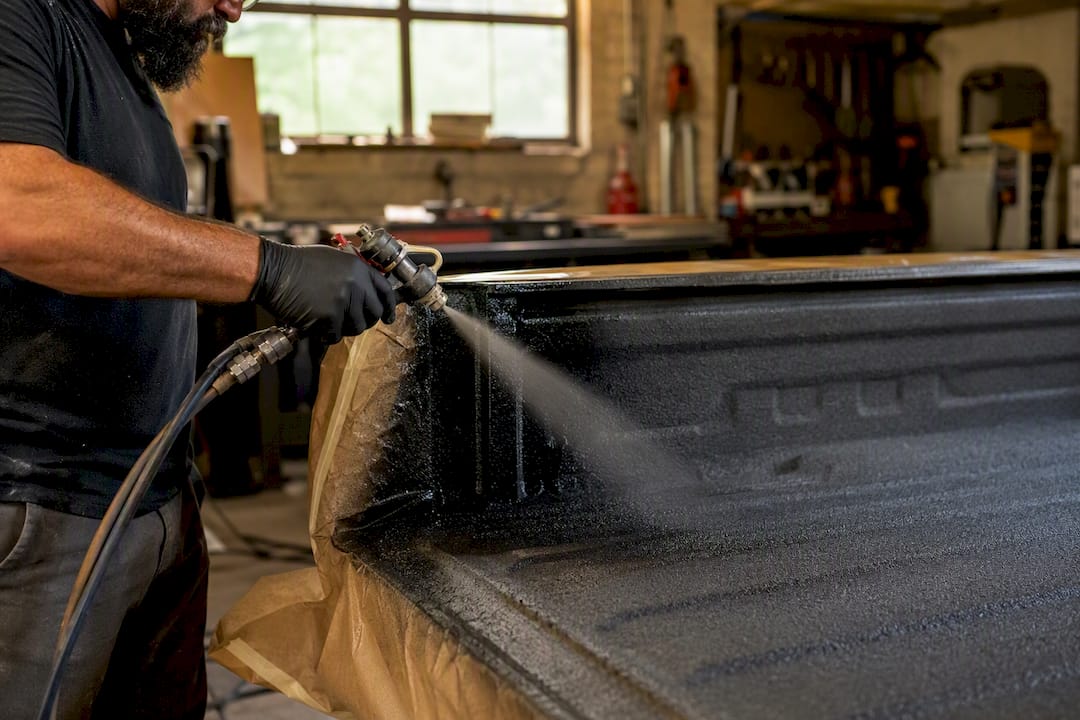 Hands spraying spray-in bedliner into truck bed